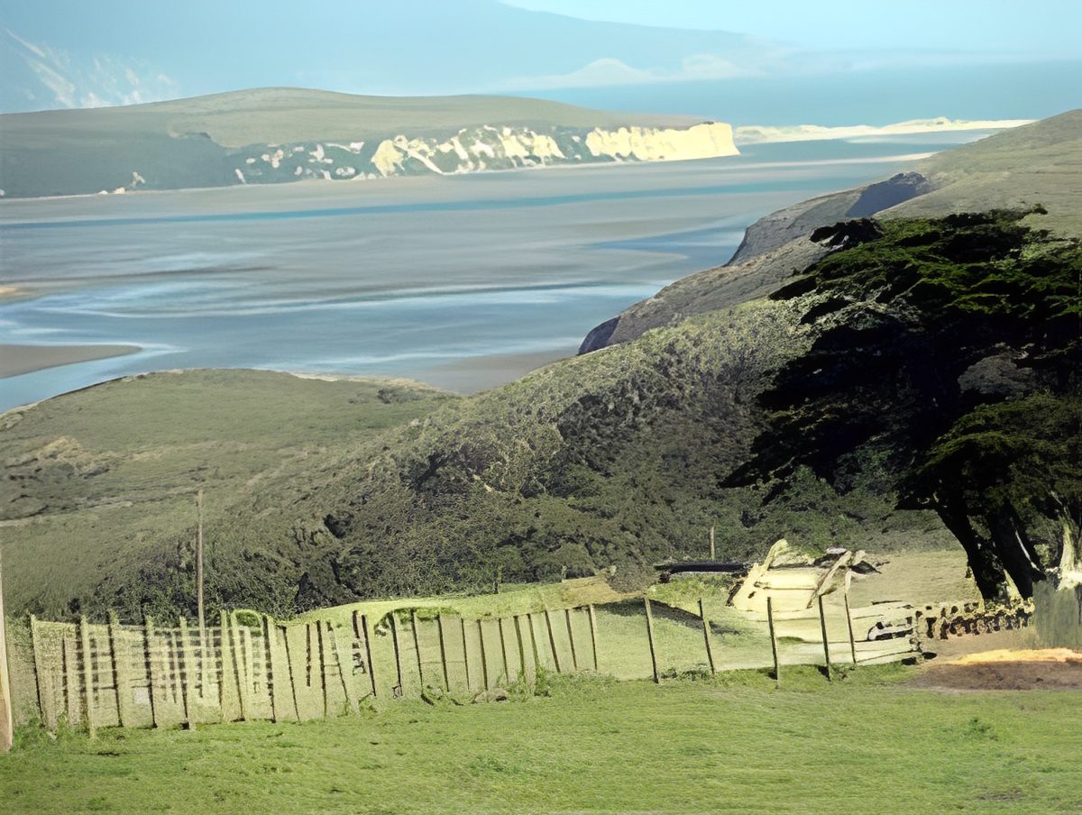 Coastal landscape with green hills