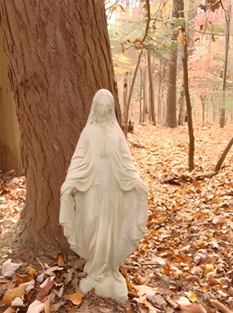 Religious statue among fallen leaves